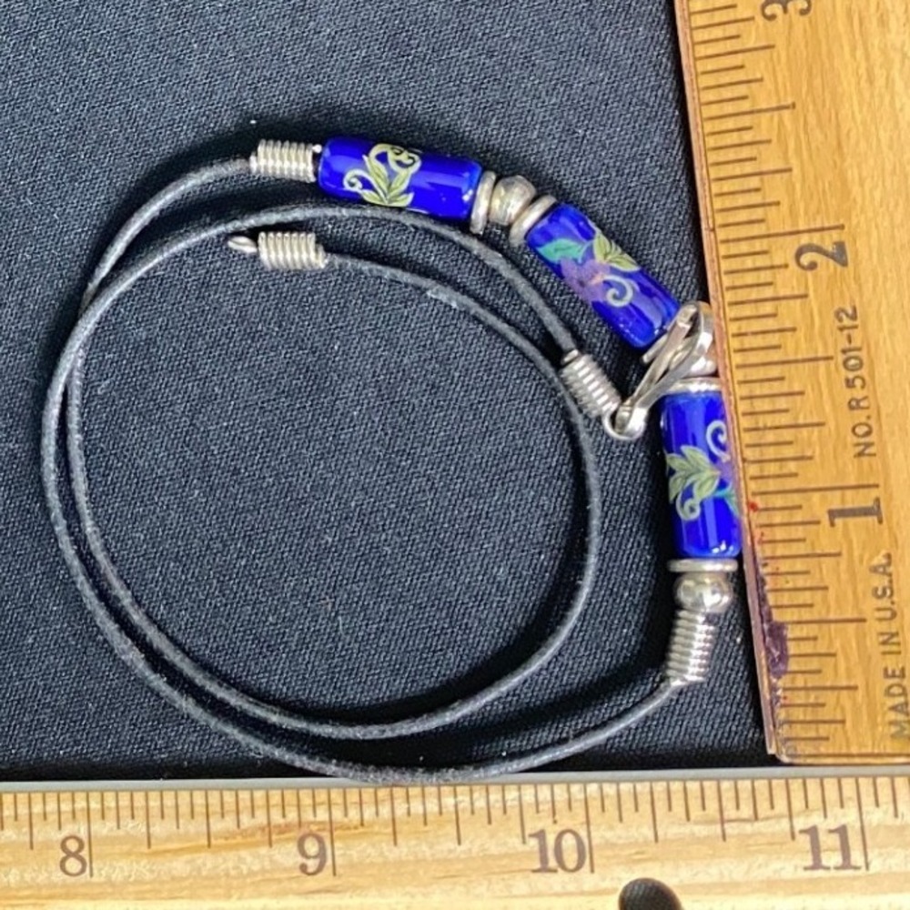 Blue Ceramic Bead Necklace Cord Leather Floral‎ Pattern Silver Tone Clasp